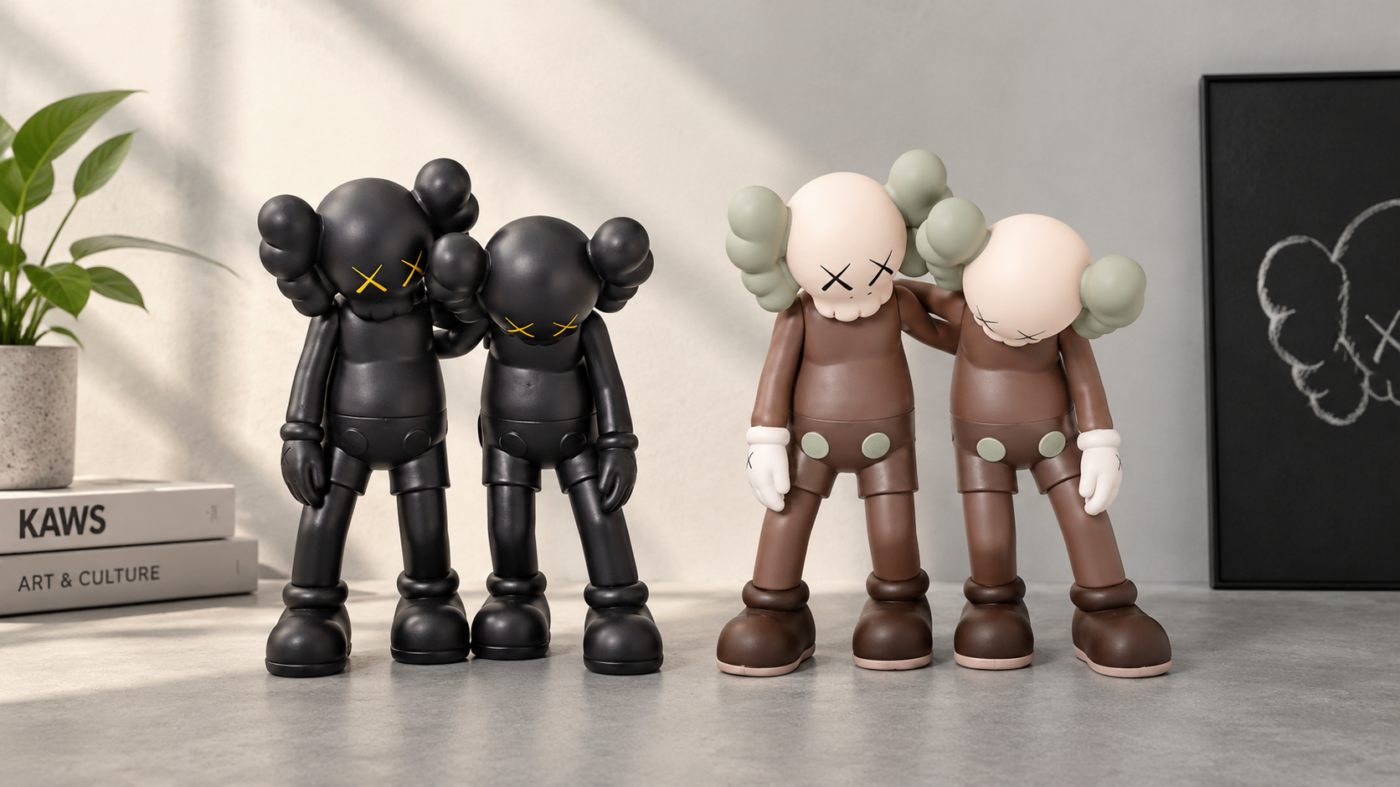 KAWS black and brown collectible figures displayed in a modern, aesthetic setting.